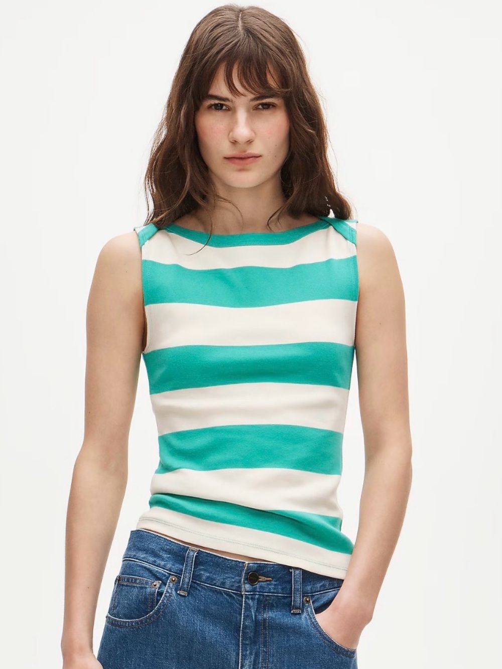 J Crew Perfect-fit Boatneck Green Striped Tank 2X